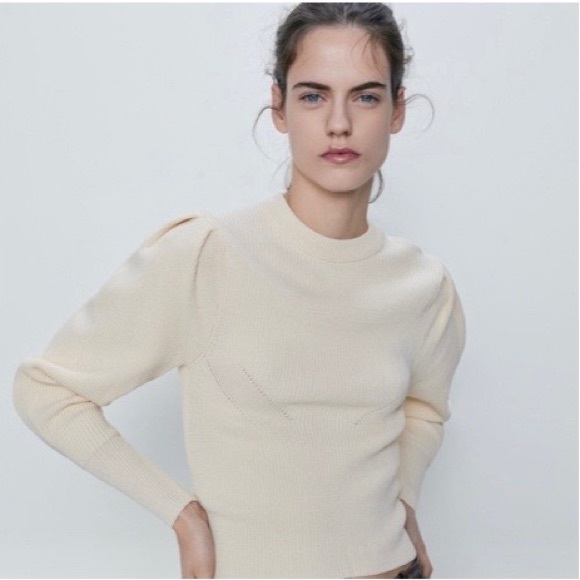 Zara Sweaters Zara Ivory Knit Puff Sleeve Sweater Poshmark